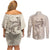 Beige Hawaii Couples Matching Off Shoulder Short Dress and Long Sleeve Button Shirt Hammerhead Shark Tattoo Curve Polynesian - Polynesian Pride