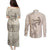 Beige Hawaii Couples Matching Puletasi and Long Sleeve Button Shirt Hammerhead Shark Tattoo Curve Polynesian - Polynesian Pride
