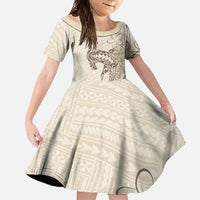 Beige Hawaii Family Matching Long Sleeve Bodycon Dress and Hawaiian Shirt Hammerhead Shark Tattoo Curve Polynesian LT14 Daughter's Dress Beige - Polynesian Pride