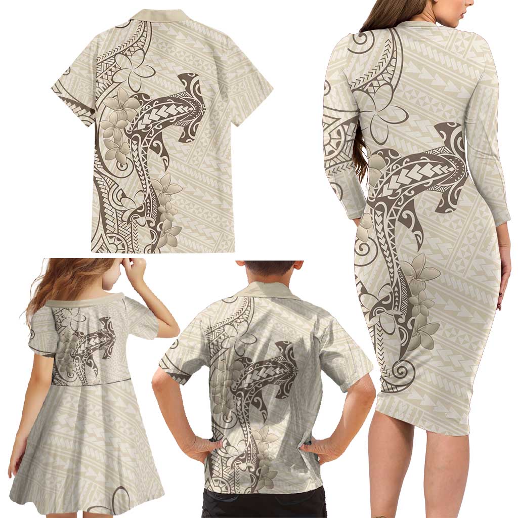 Beige Hawaii Family Matching Long Sleeve Bodycon Dress and Hawaiian Shirt Hammerhead Shark Tattoo Curve Polynesian LT14 - Polynesian Pride
