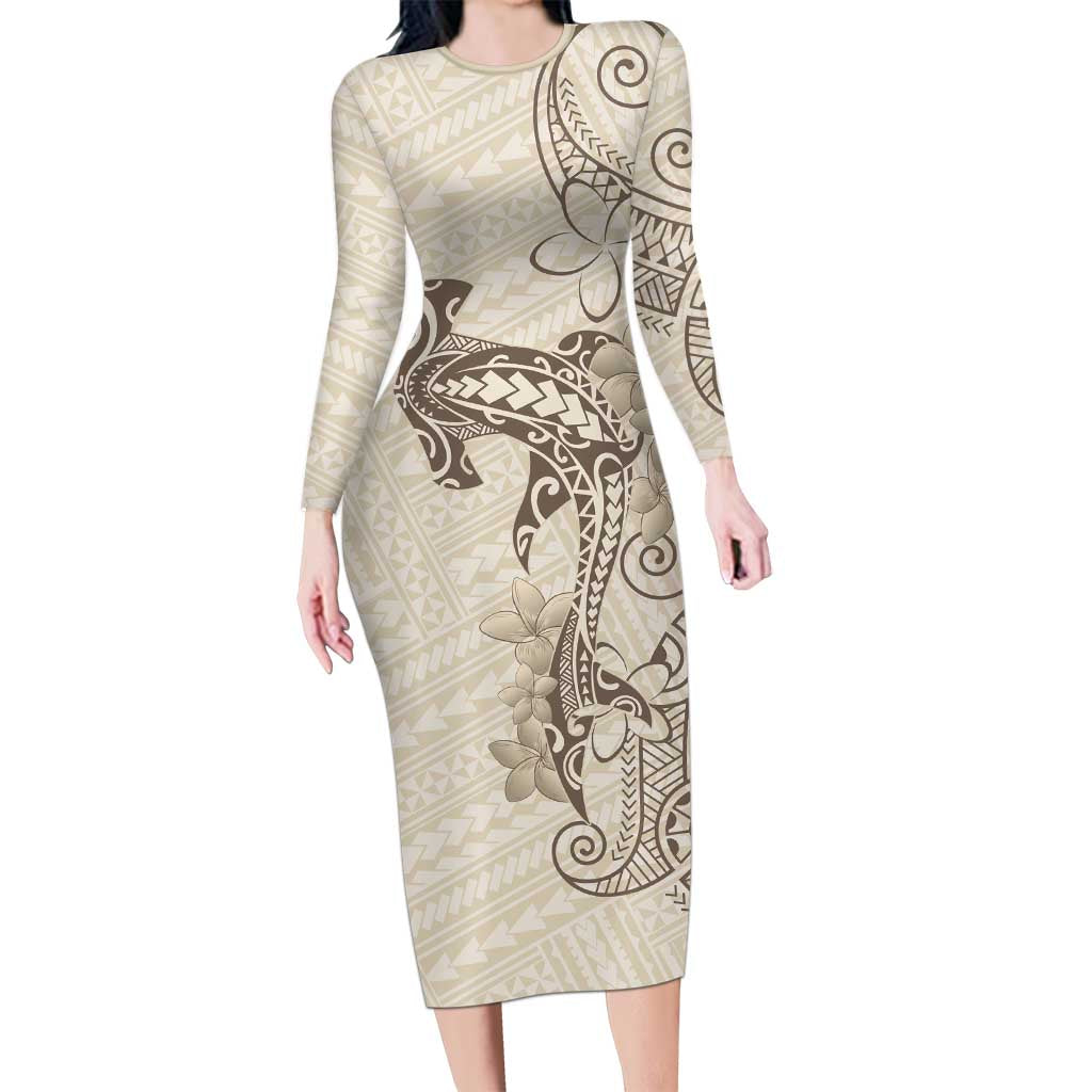 Beige Hawaii Family Matching Long Sleeve Bodycon Dress and Hawaiian Shirt Hammerhead Shark Tattoo Curve Polynesian LT14 Mom's Dress Beige - Polynesian Pride