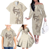 Beige Hawaii Family Matching Off The Shoulder Long Sleeve Dress and Hawaiian Shirt Hammerhead Shark Tattoo Curve Polynesian LT14 - Polynesian Pride