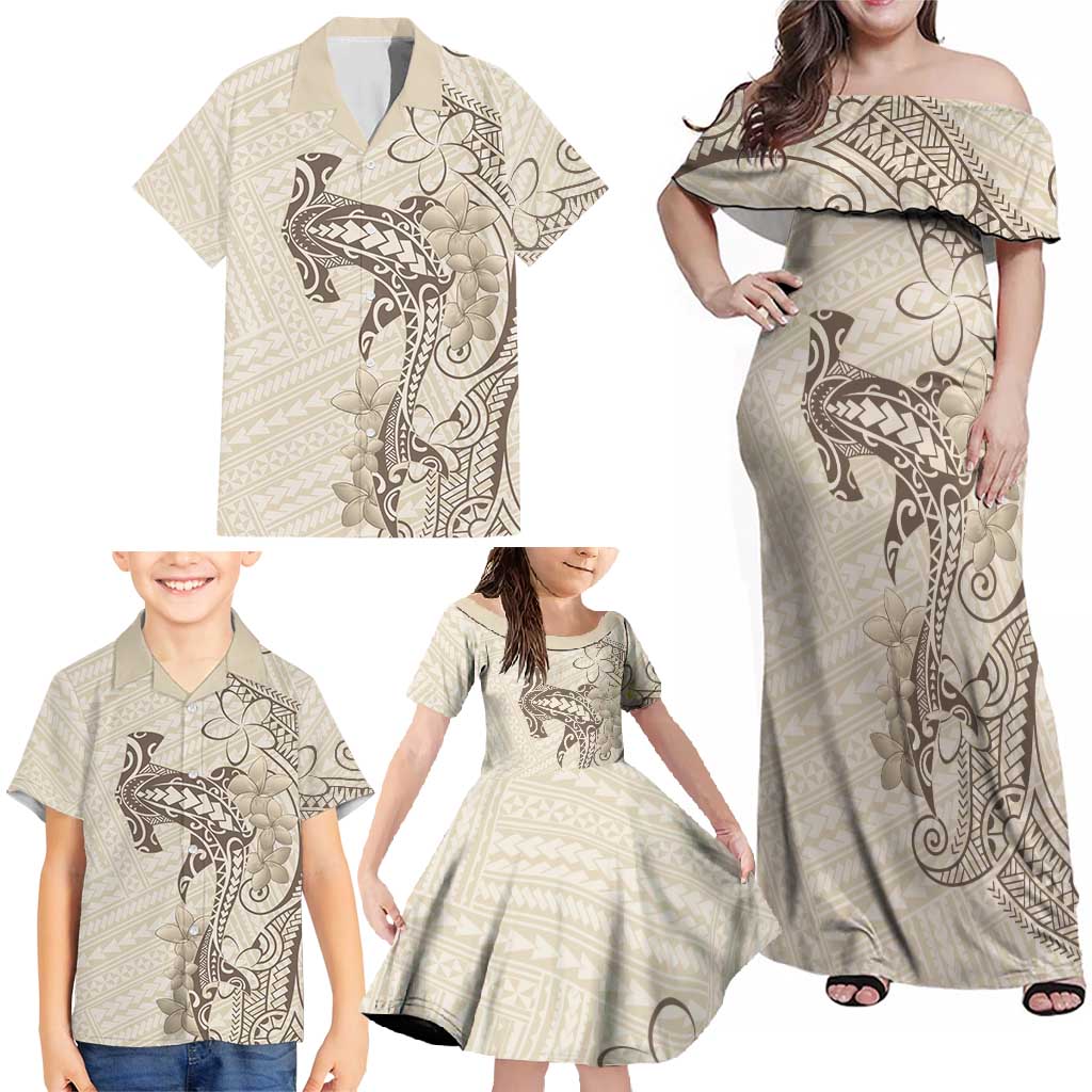 Beige Hawaii Family Matching Off Shoulder Maxi Dress and Hawaiian Shirt Hammerhead Shark Tattoo Curve Polynesian LT14 - Polynesian Pride