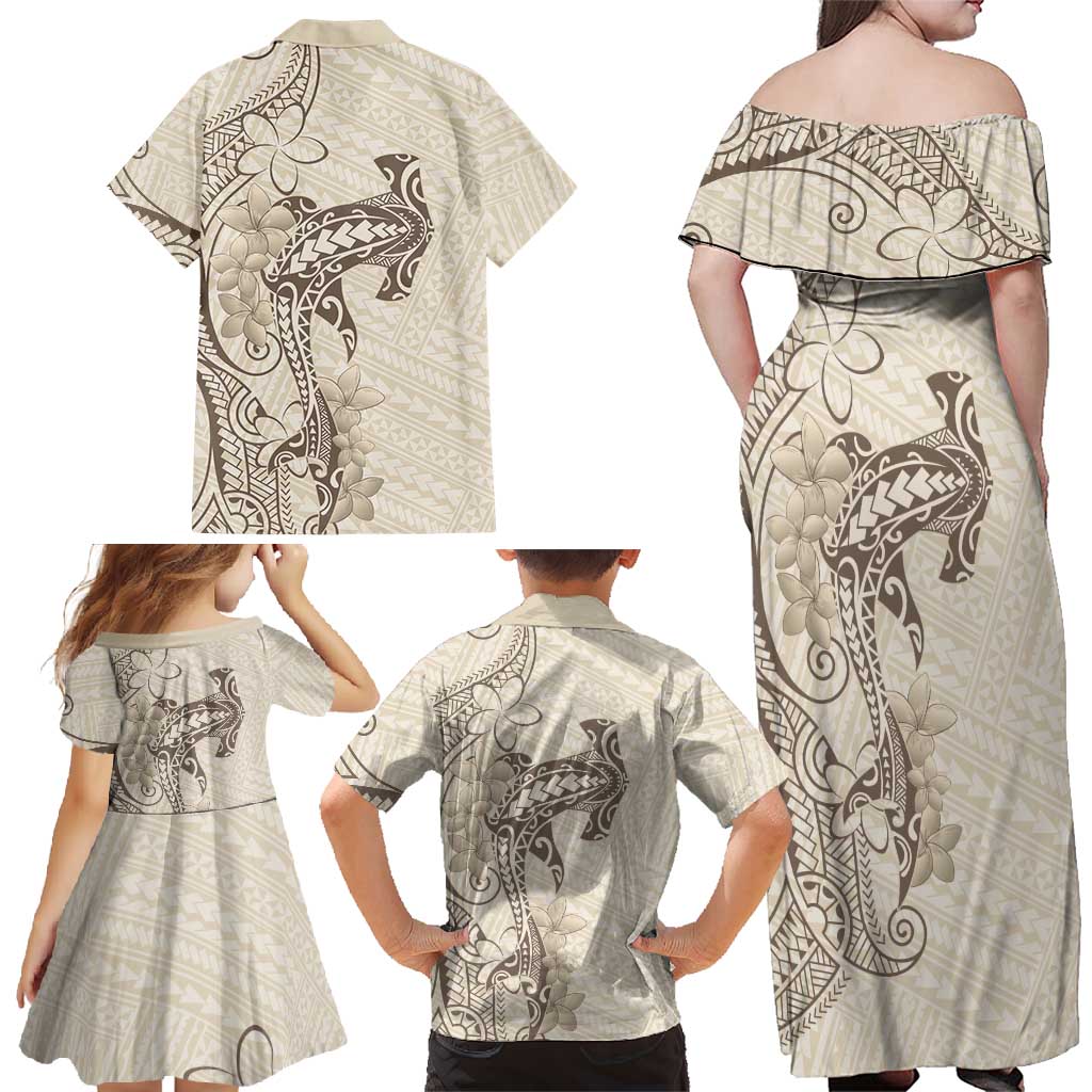 Beige Hawaii Family Matching Off Shoulder Maxi Dress and Hawaiian Shirt Hammerhead Shark Tattoo Curve Polynesian LT14 - Polynesian Pride