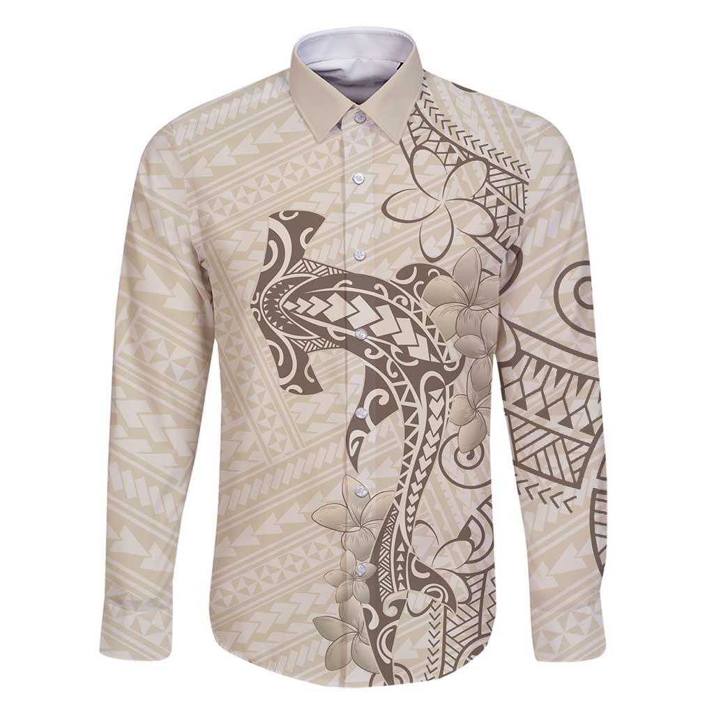 Beige Hawaii Family Matching Off Shoulder Maxi Dress and Hawaiian Shirt Hammerhead Shark Tattoo Curve Polynesian LT14 Dad's Shirt - Long Sleeve Beige - Polynesian Pride