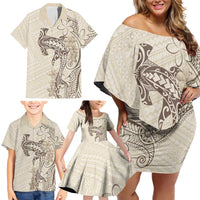 Beige Hawaii Family Matching Off Shoulder Short Dress and Hawaiian Shirt Hammerhead Shark Tattoo Curve Polynesian LT14 - Polynesian Pride