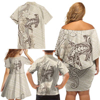 Beige Hawaii Family Matching Off Shoulder Short Dress and Hawaiian Shirt Hammerhead Shark Tattoo Curve Polynesian LT14 - Polynesian Pride