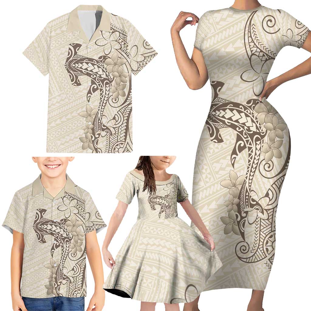 Beige Hawaii Family Matching Short Sleeve Bodycon Dress and Hawaiian Shirt Hammerhead Shark Tattoo Curve Polynesian LT14 - Polynesian Pride