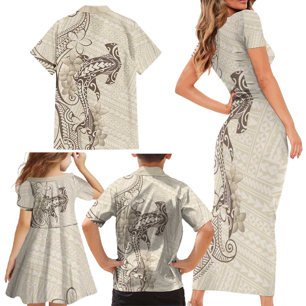 Beige Hawaii Family Matching Short Sleeve Bodycon Dress and Hawaiian Shirt Hammerhead Shark Tattoo Curve Polynesian LT14 - Polynesian Pride