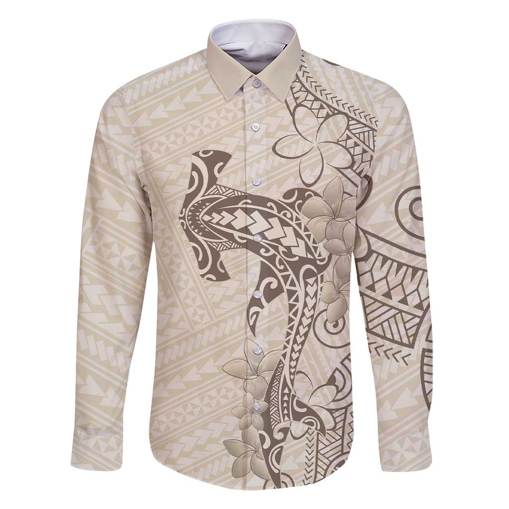 Beige Hawaii Family Matching Short Sleeve Bodycon Dress and Hawaiian Shirt Hammerhead Shark Tattoo Curve Polynesian LT14 Dad's Shirt - Long Sleeve Beige - Polynesian Pride