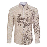Beige Hawaii Family Matching Summer Maxi Dress and Hawaiian Shirt Hammerhead Shark Tattoo Curve Polynesian LT14 Dad's Shirt - Long Sleeve Beige - Polynesian Pride