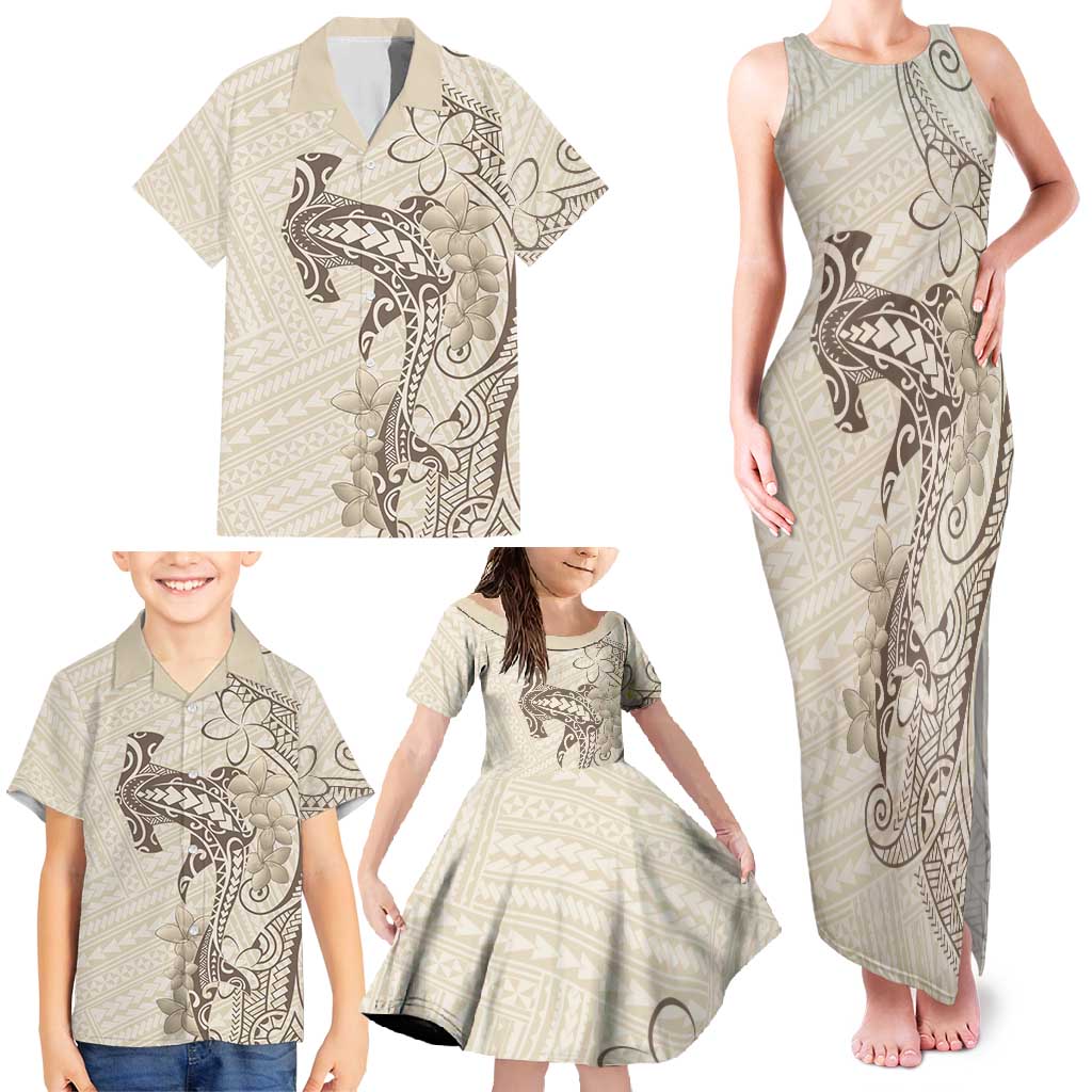 Beige Hawaii Family Matching Tank Maxi Dress and Hawaiian Shirt Hammerhead Shark Tattoo Curve Polynesian LT14 - Polynesian Pride