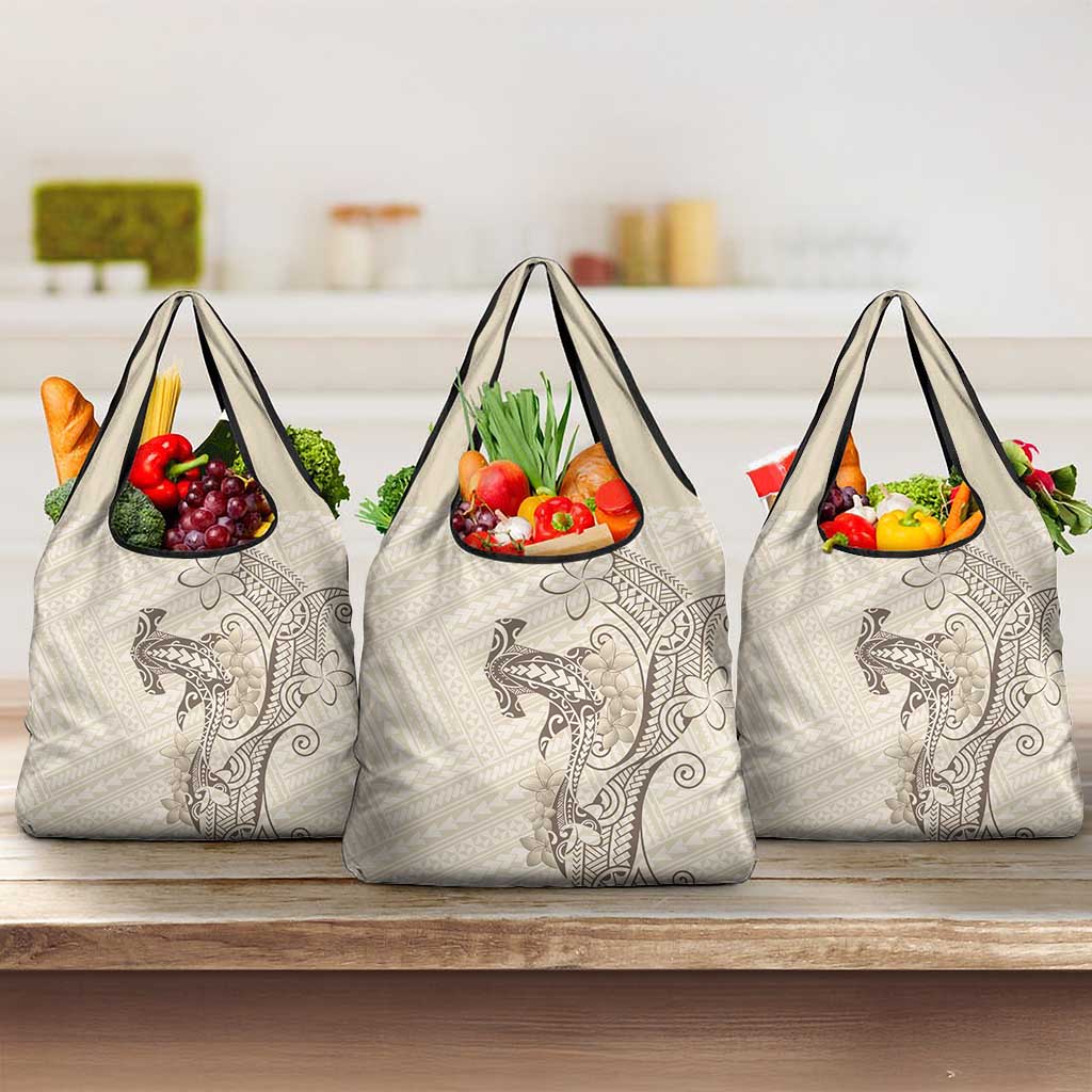 Beige Hawaii Grocery Bag Hammerhead Shark Tattoo Curve Polynesian - Polynesian Pride