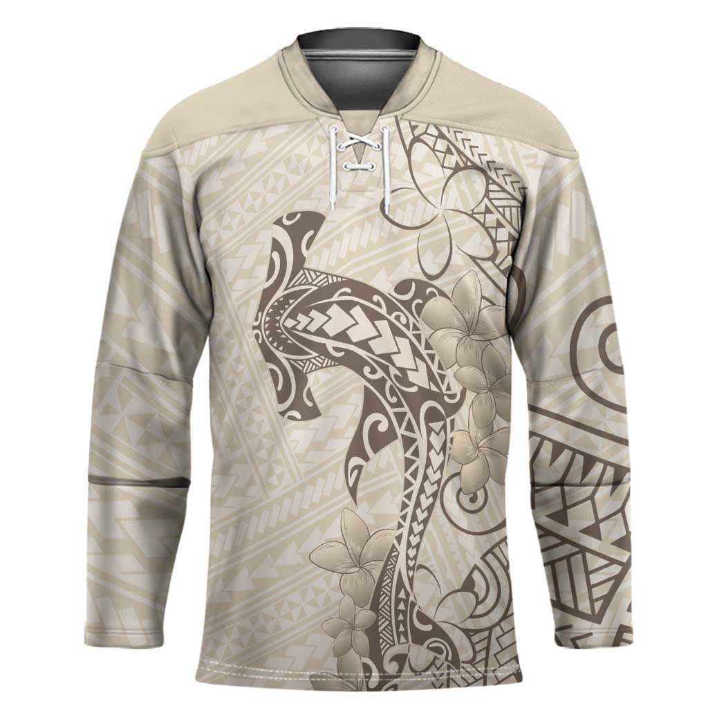 Beige Hawaii Hockey Jersey Hammerhead Shark Tattoo Curve Polynesian - Polynesian Pride