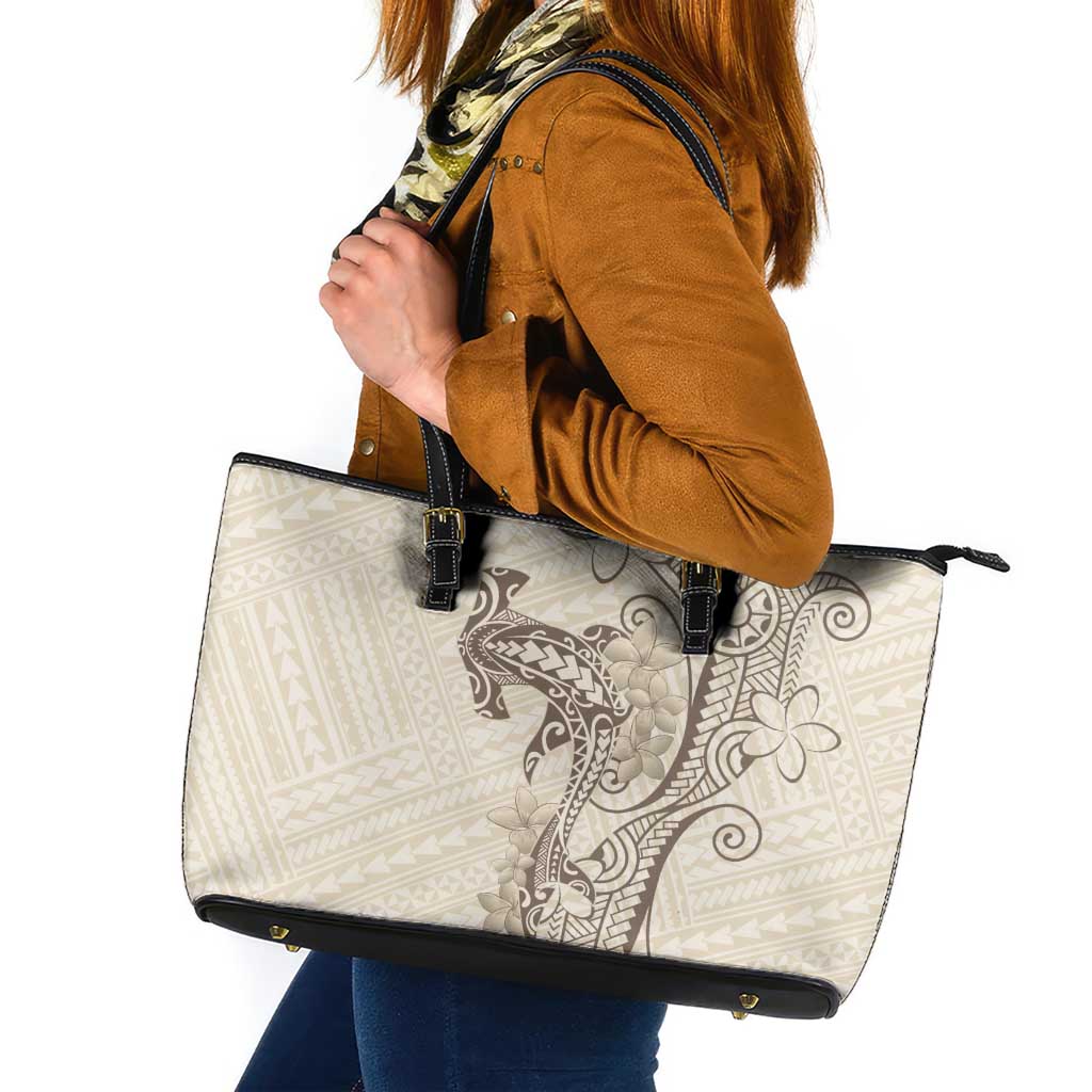 Beige Hawaii Leather Tote Bag Hammerhead Shark Tattoo Curve Polynesian - Polynesian Pride
