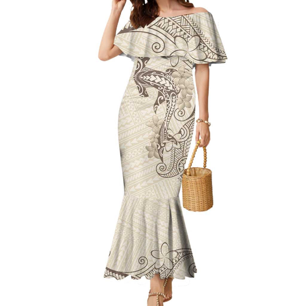 Beige Hawaii Mermaid Dress Hammerhead Shark Tattoo Curve Polynesian LT14 Women Beige - Polynesian Pride