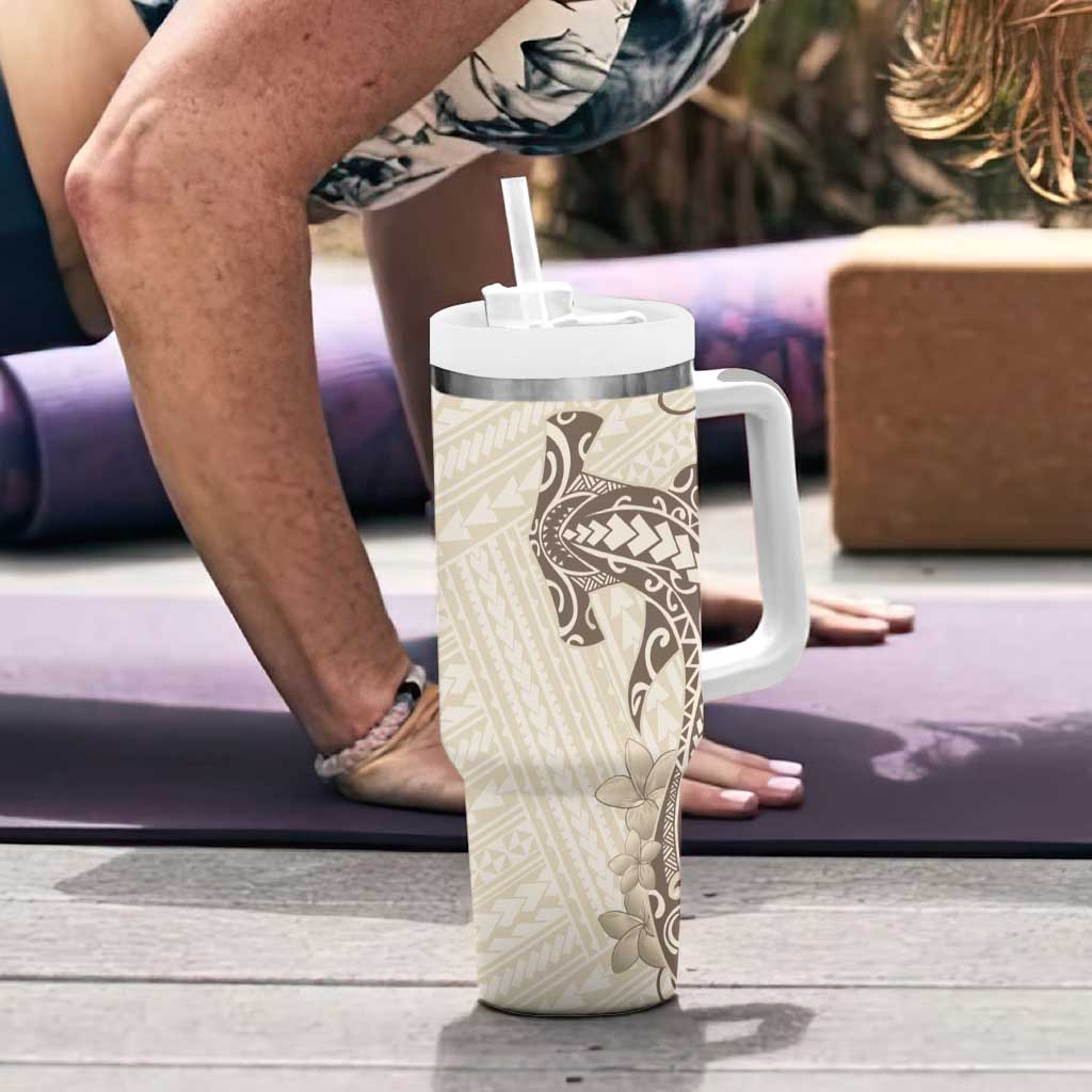 Beige Hawaii Tumbler With Handle Hammerhead Shark Tattoo Curve Polynesian - Polynesian Pride