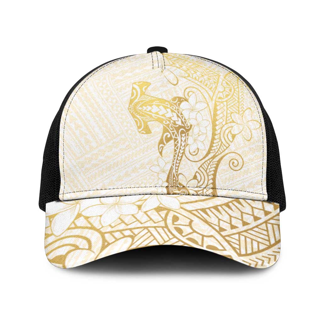 Gold and White Hawaii Baseball Net Cap Hammerhead Shark Tattoo Curve Polynesian - Polynesian Pride
