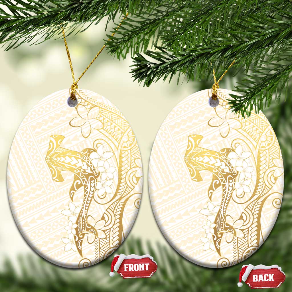 Gold and White Hawaii Ceramic Ornament Hammerhead Shark Tattoo Curve Polynesian - Polynesian Pride
