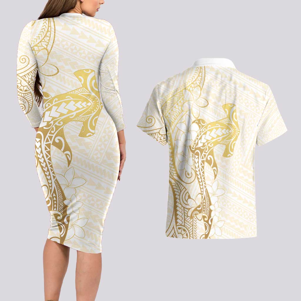 Gold and White Hawaii Couples Matching Long Sleeve Bodycon Dress and Hawaiian Shirt Hammerhead Shark Tattoo Curve Polynesian - Polynesian Pride