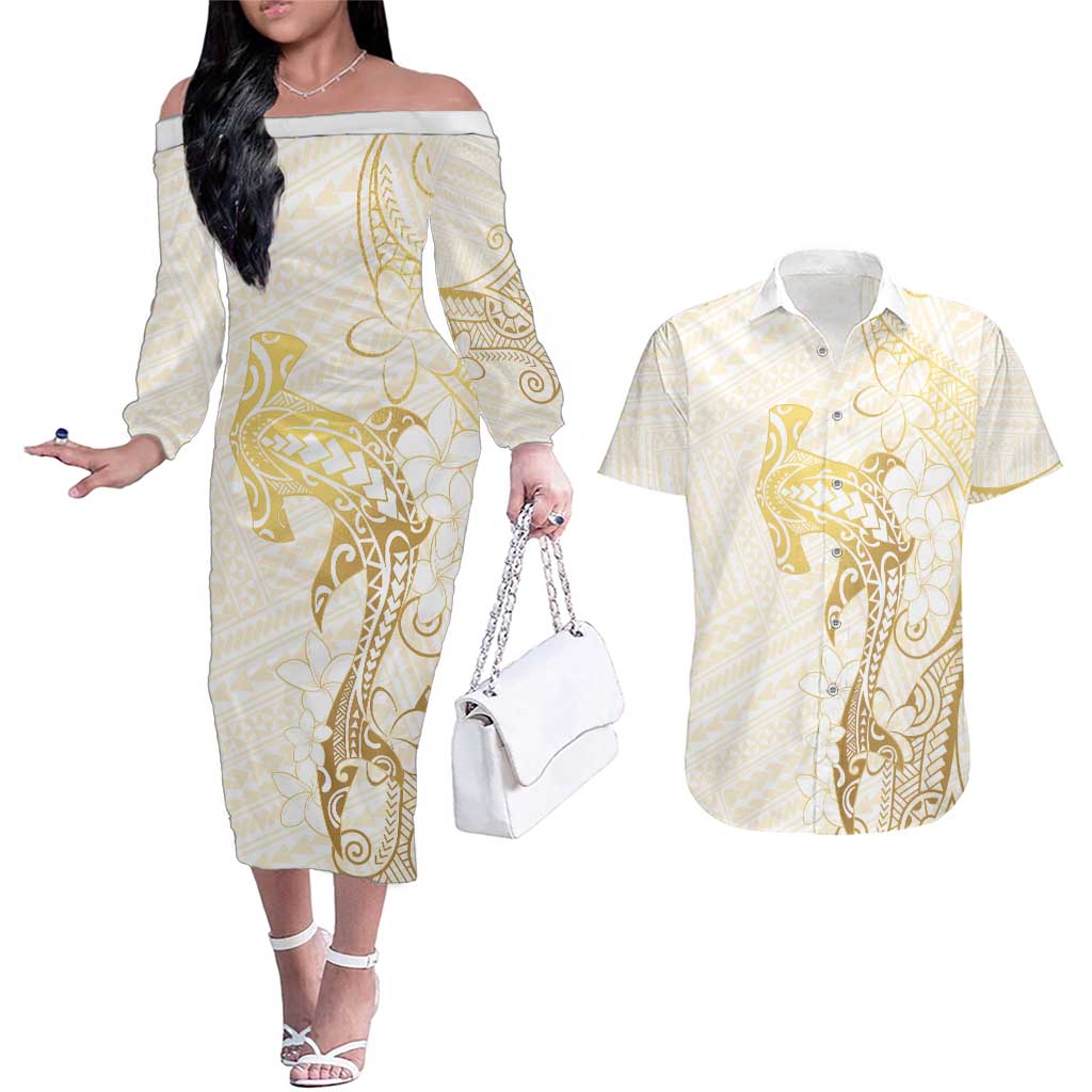 Gold and White Hawaii Couples Matching Off The Shoulder Long Sleeve Dress and Hawaiian Shirt Hammerhead Shark Tattoo Curve Polynesian LT14 White - Polynesian Pride