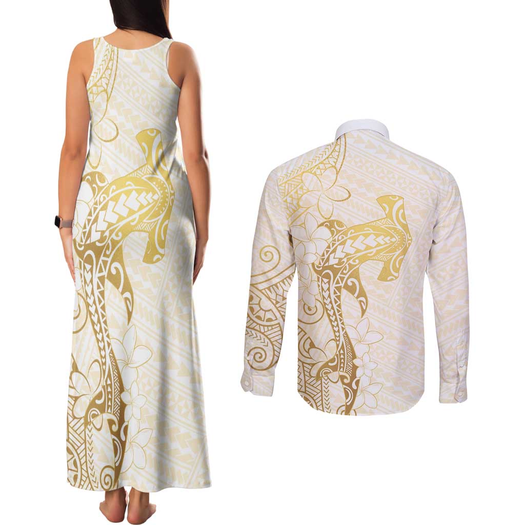 Gold and White Hawaii Couples Matching Tank Maxi Dress and Long Sleeve Button Shirt Hammerhead Shark Tattoo Curve Polynesian - Polynesian Pride