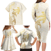 Gold and White Hawaii Family Matching Long Sleeve Bodycon Dress and Hawaiian Shirt Hammerhead Shark Tattoo Curve Polynesian LT14 - Polynesian Pride