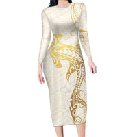 Gold and White Hawaii Family Matching Long Sleeve Bodycon Dress and Hawaiian Shirt Hammerhead Shark Tattoo Curve Polynesian LT14 Mom's Dress White - Polynesian Pride
