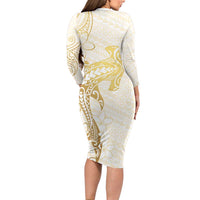 Gold and White Hawaii Family Matching Long Sleeve Bodycon Dress and Hawaiian Shirt Hammerhead Shark Tattoo Curve Polynesian LT14 - Polynesian Pride