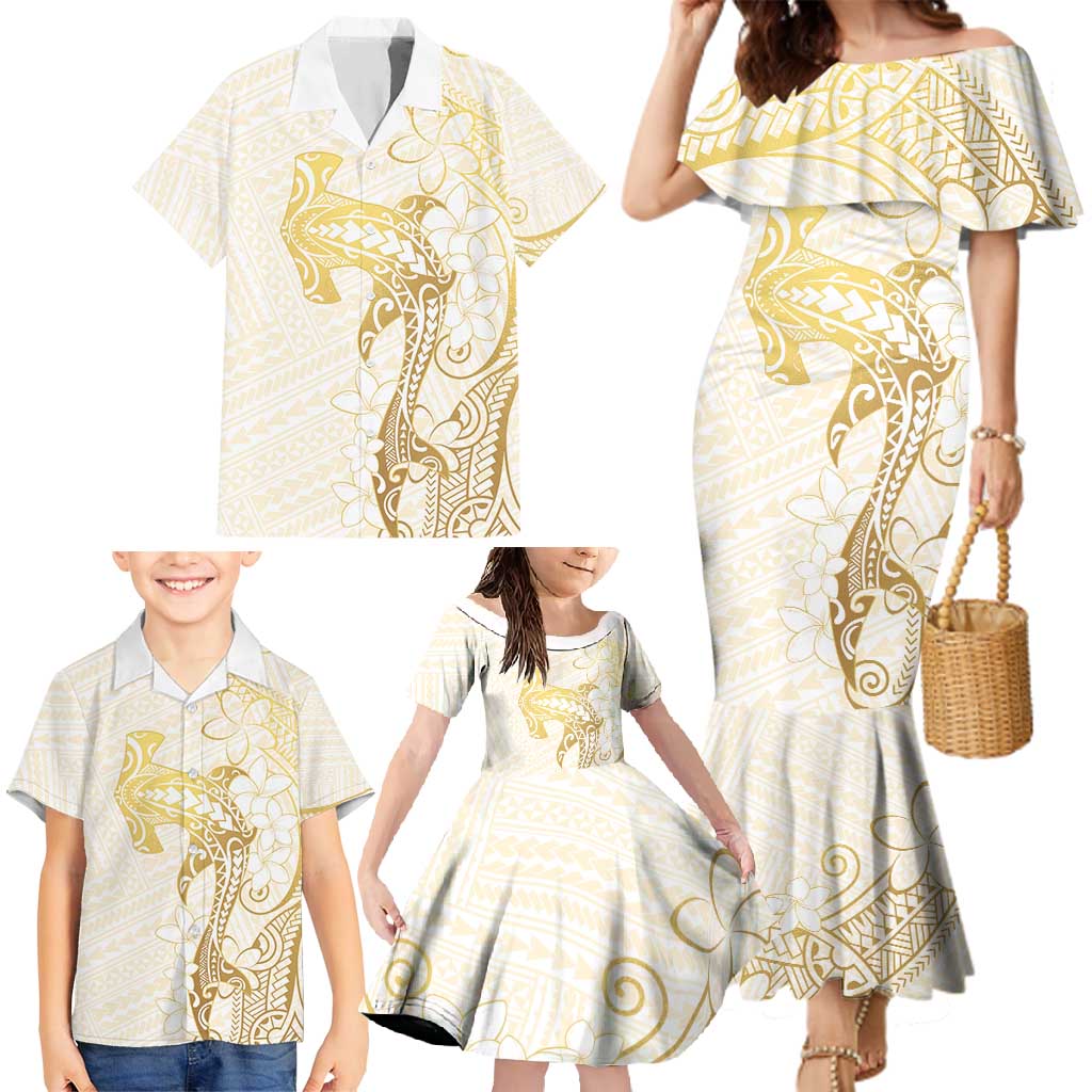 Gold and White Hawaii Family Matching Mermaid Dress and Hawaiian Shirt Hammerhead Shark Tattoo Curve Polynesian LT14 - Polynesian Pride