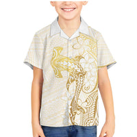 Gold and White Hawaii Family Matching Mermaid Dress and Hawaiian Shirt Hammerhead Shark Tattoo Curve Polynesian LT14 Son's Shirt White - Polynesian Pride