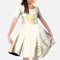 Gold and White Hawaii Family Matching Off The Shoulder Long Sleeve Dress and Hawaiian Shirt Hammerhead Shark Tattoo Curve Polynesian LT14 Daughter's Dress White - Polynesian Pride