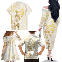 Gold and White Hawaii Family Matching Off The Shoulder Long Sleeve Dress and Hawaiian Shirt Hammerhead Shark Tattoo Curve Polynesian LT14 - Polynesian Pride