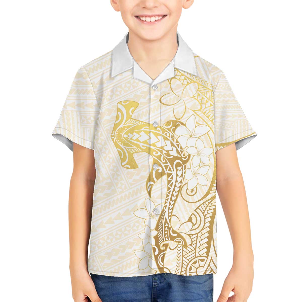 Gold and White Hawaii Family Matching Off The Shoulder Long Sleeve Dress and Hawaiian Shirt Hammerhead Shark Tattoo Curve Polynesian LT14 Son's Shirt White - Polynesian Pride