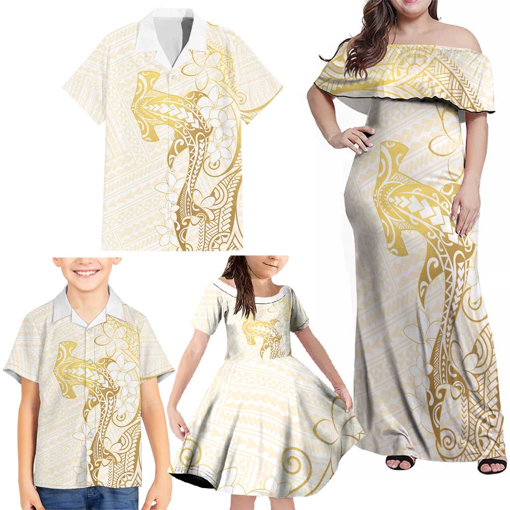 Gold and White Hawaii Family Matching Off Shoulder Maxi Dress and Hawaiian Shirt Hammerhead Shark Tattoo Curve Polynesian LT14 - Polynesian Pride