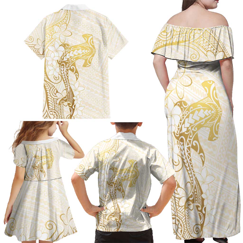 Gold and White Hawaii Family Matching Off Shoulder Maxi Dress and Hawaiian Shirt Hammerhead Shark Tattoo Curve Polynesian LT14 - Polynesian Pride