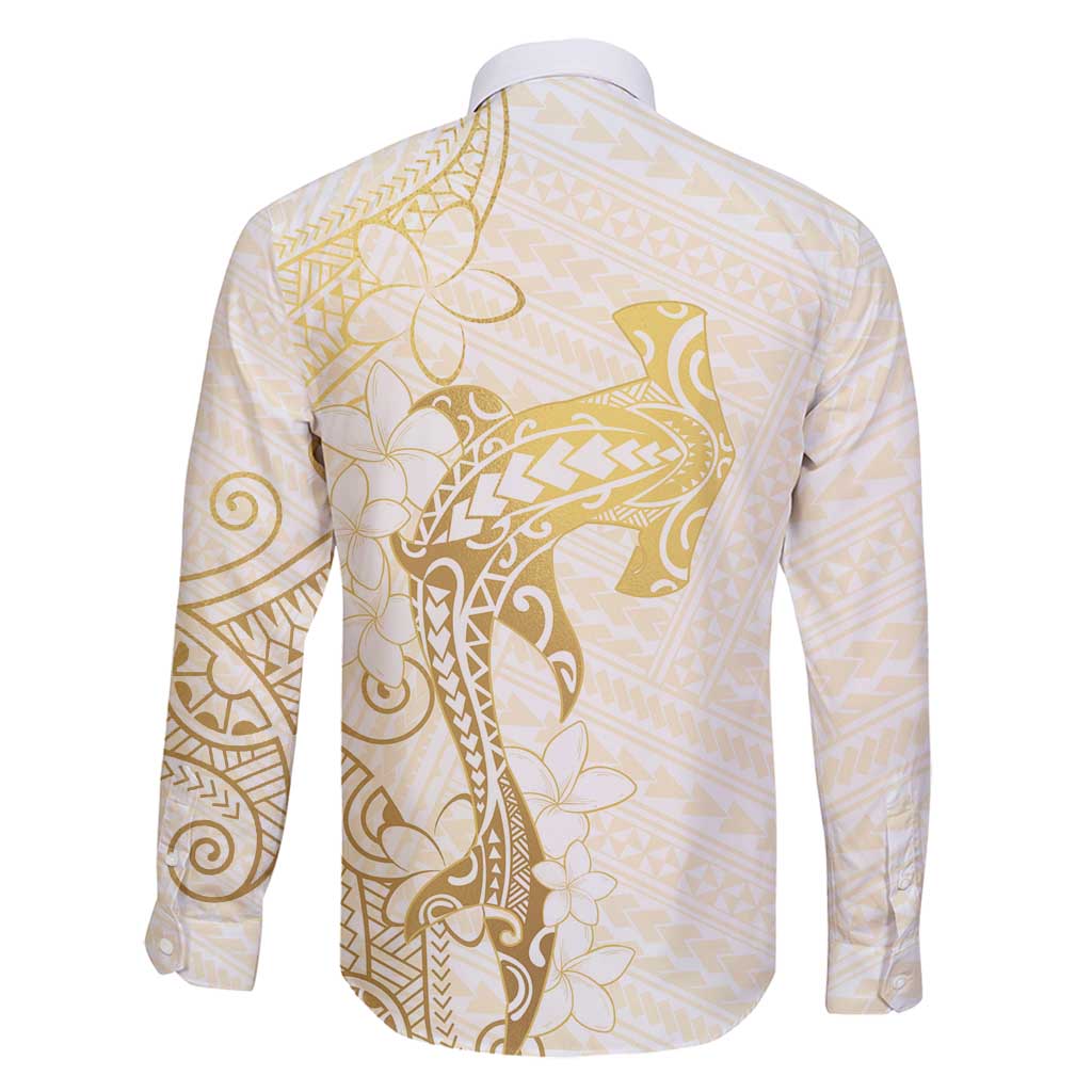 Gold and White Hawaii Family Matching Off Shoulder Maxi Dress and Hawaiian Shirt Hammerhead Shark Tattoo Curve Polynesian LT14 - Polynesian Pride