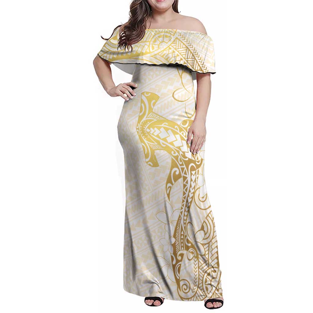 Gold and White Hawaii Family Matching Off Shoulder Maxi Dress and Hawaiian Shirt Hammerhead Shark Tattoo Curve Polynesian LT14 Mom's Dress White - Polynesian Pride