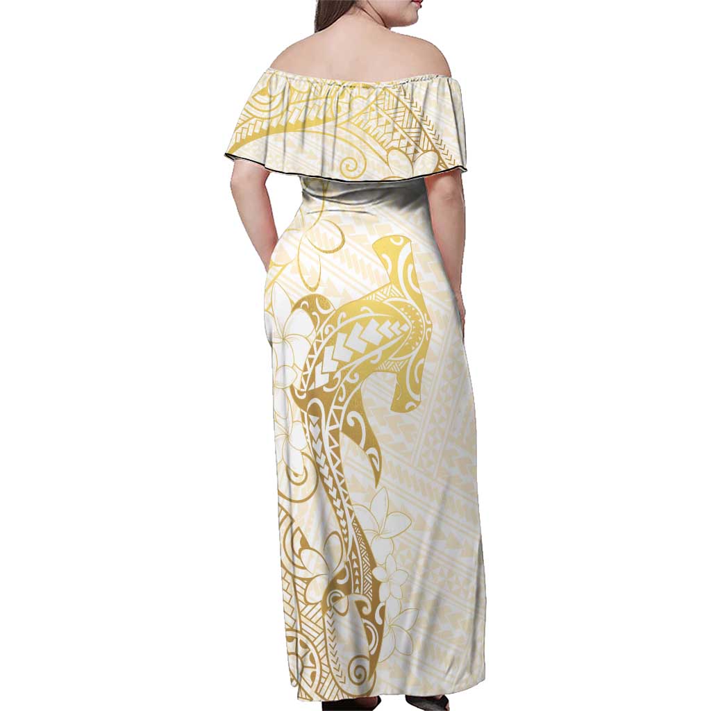 Gold and White Hawaii Family Matching Off Shoulder Maxi Dress and Hawaiian Shirt Hammerhead Shark Tattoo Curve Polynesian LT14 - Polynesian Pride