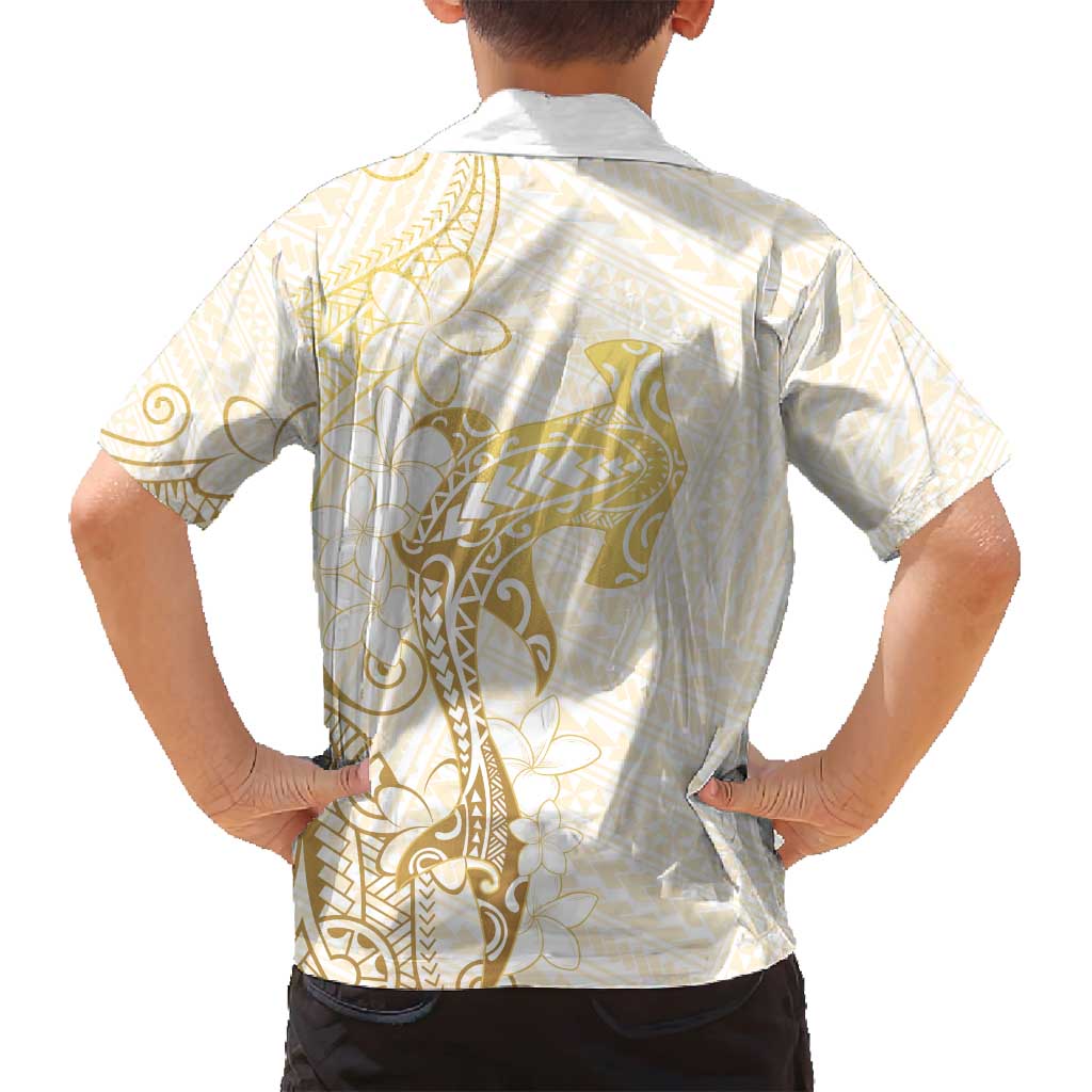 Gold and White Hawaii Family Matching Off Shoulder Short Dress and Hawaiian Shirt Hammerhead Shark Tattoo Curve Polynesian LT14 - Polynesian Pride