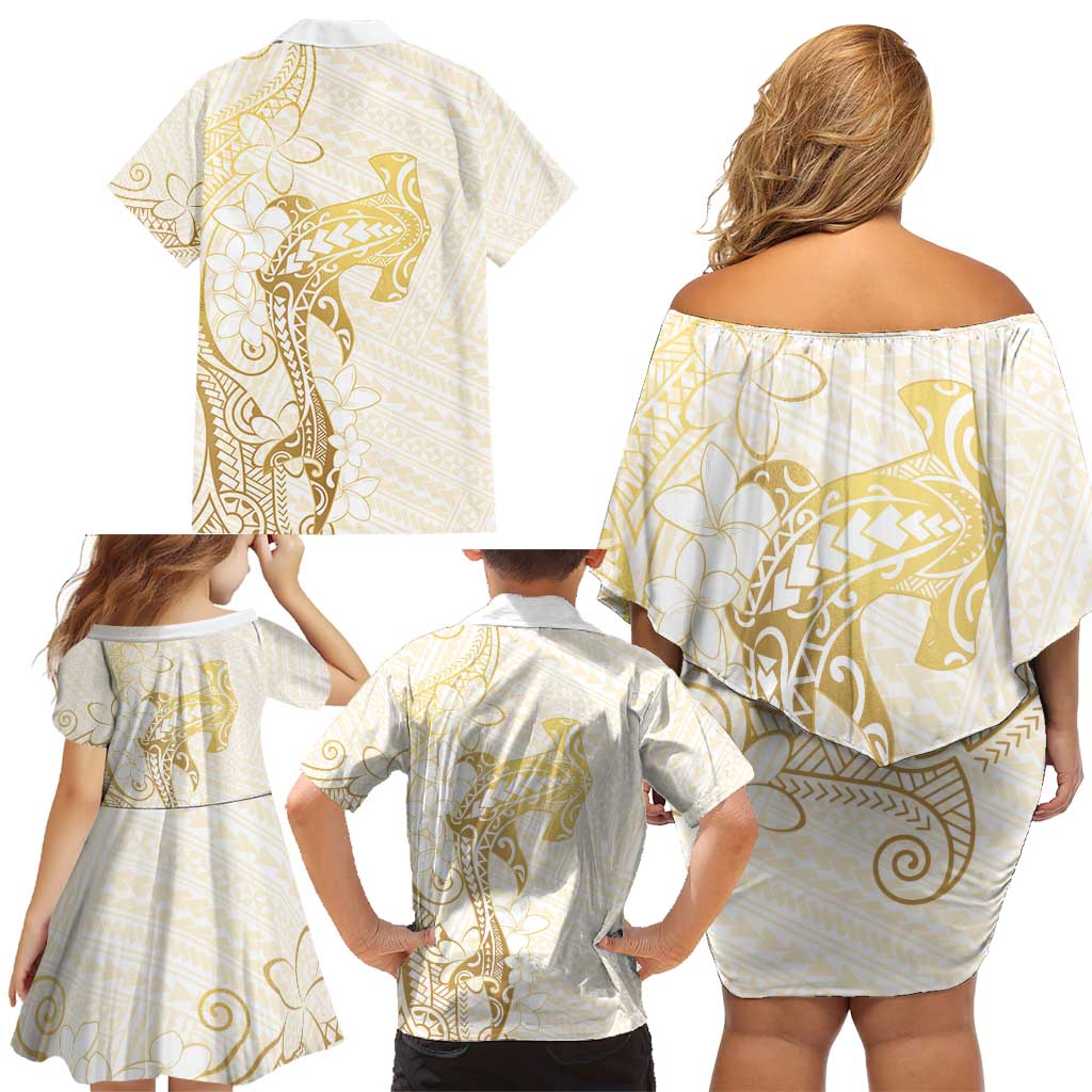Gold and White Hawaii Family Matching Off Shoulder Short Dress and Hawaiian Shirt Hammerhead Shark Tattoo Curve Polynesian LT14 - Polynesian Pride