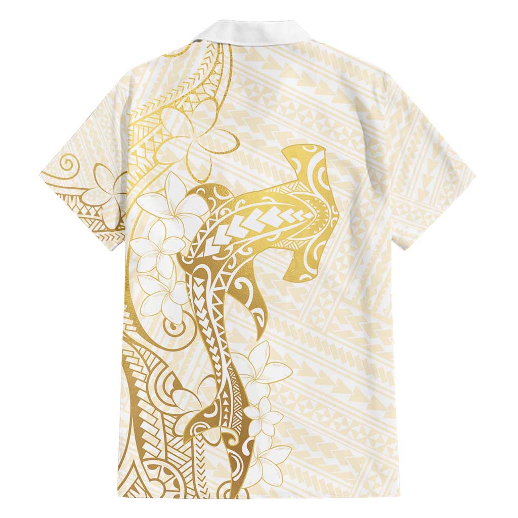 Gold and White Hawaii Family Matching Off Shoulder Short Dress and Hawaiian Shirt Hammerhead Shark Tattoo Curve Polynesian LT14 - Polynesian Pride