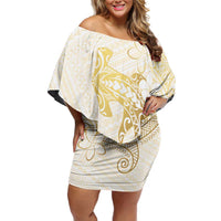 Gold and White Hawaii Family Matching Off Shoulder Short Dress and Hawaiian Shirt Hammerhead Shark Tattoo Curve Polynesian LT14 Mom's Dress White - Polynesian Pride
