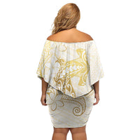 Gold and White Hawaii Family Matching Off Shoulder Short Dress and Hawaiian Shirt Hammerhead Shark Tattoo Curve Polynesian LT14 - Polynesian Pride