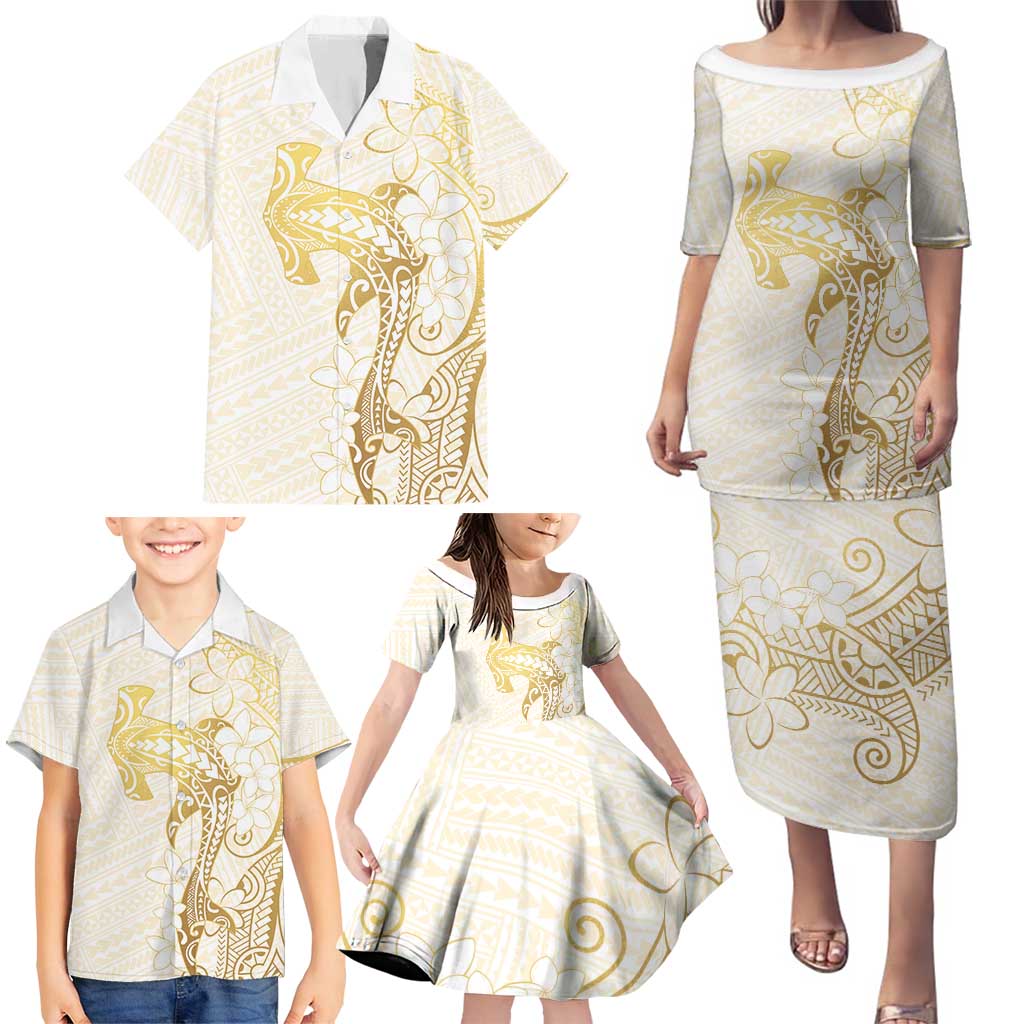 Gold and White Hawaii Family Matching Puletasi and Hawaiian Shirt Hammerhead Shark Tattoo Curve Polynesian LT14 - Polynesian Pride