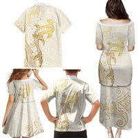 Gold and White Hawaii Family Matching Puletasi and Hawaiian Shirt Hammerhead Shark Tattoo Curve Polynesian LT14 - Polynesian Pride