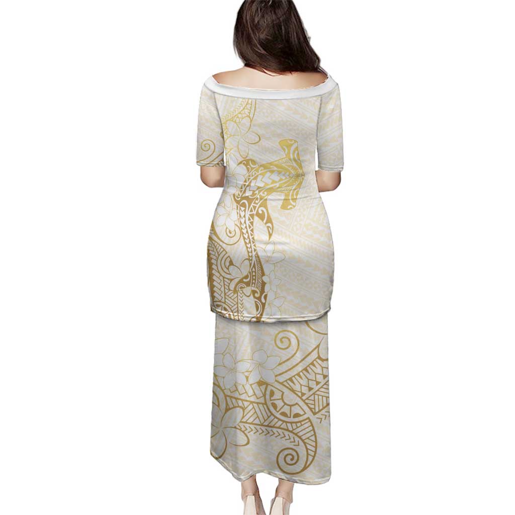 Gold and White Hawaii Family Matching Puletasi and Hawaiian Shirt Hammerhead Shark Tattoo Curve Polynesian LT14 - Polynesian Pride