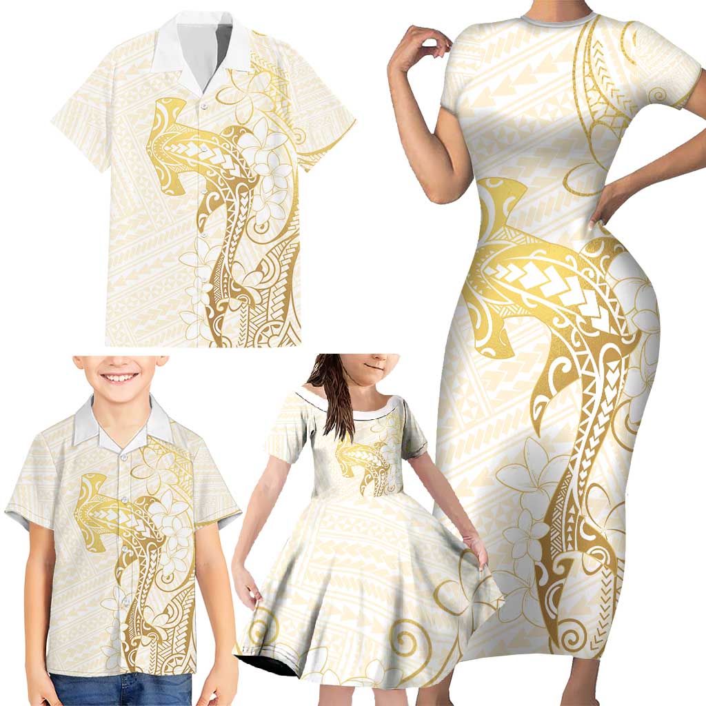 Gold and White Hawaii Family Matching Short Sleeve Bodycon Dress and Hawaiian Shirt Hammerhead Shark Tattoo Curve Polynesian LT14 - Polynesian Pride