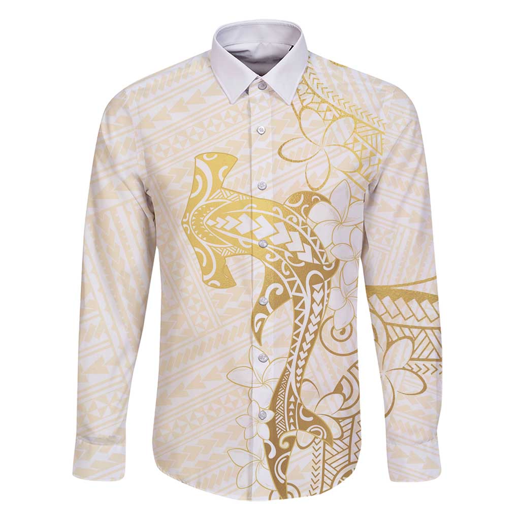 Gold and White Hawaii Family Matching Summer Maxi Dress and Hawaiian Shirt Hammerhead Shark Tattoo Curve Polynesian LT14 Dad's Shirt - Long Sleeve White - Polynesian Pride
