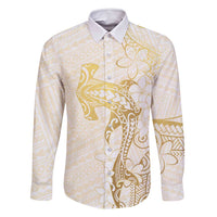 Gold and White Hawaii Family Matching Summer Maxi Dress and Hawaiian Shirt Hammerhead Shark Tattoo Curve Polynesian LT14 Dad's Shirt - Long Sleeve White - Polynesian Pride